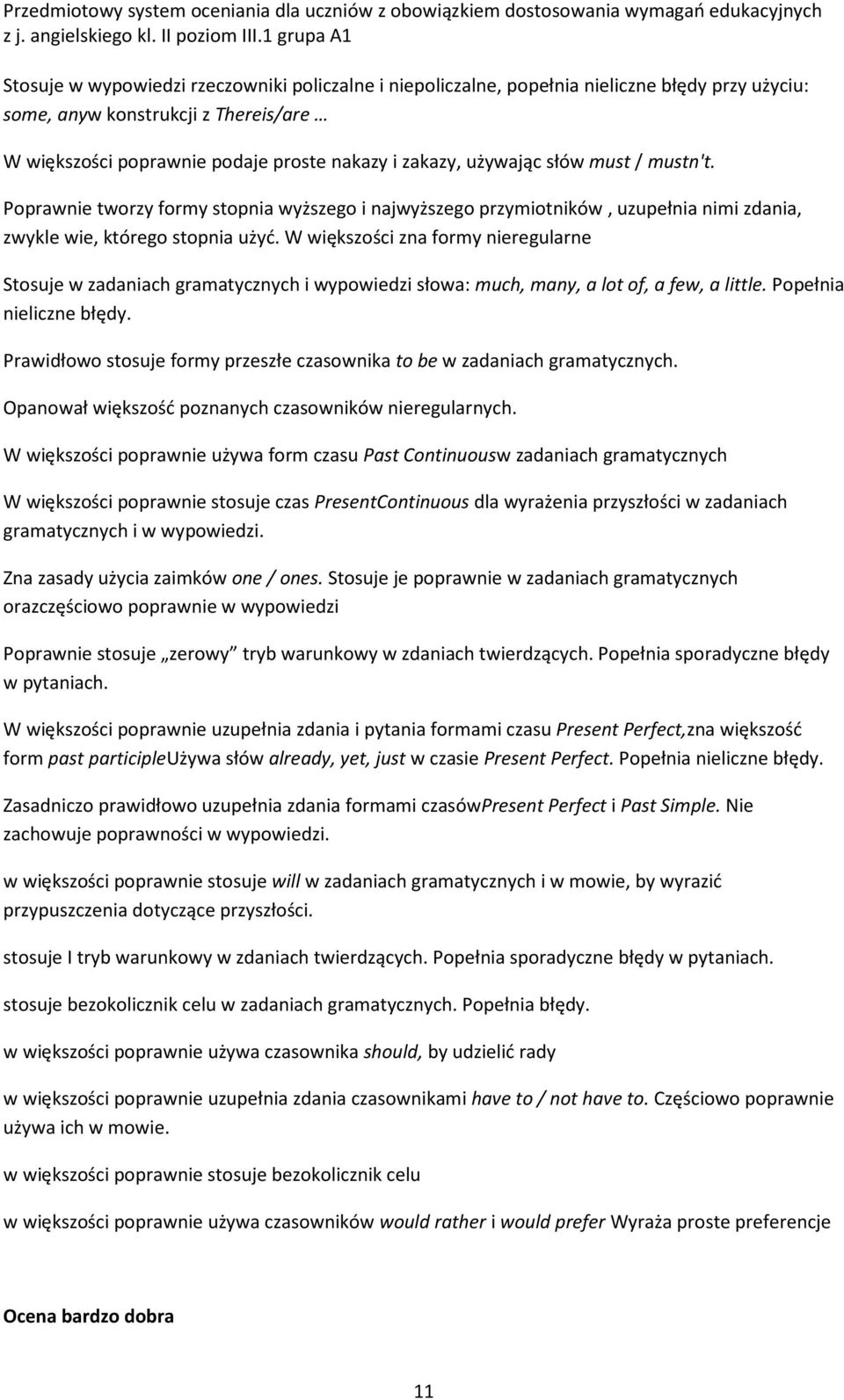 W większości zna formy nieregularne Stosuje w zadaniach gramatycznych i wypowiedzi słowa: much, many, a lot of, a few, a little. Popełnia nieliczne błędy.