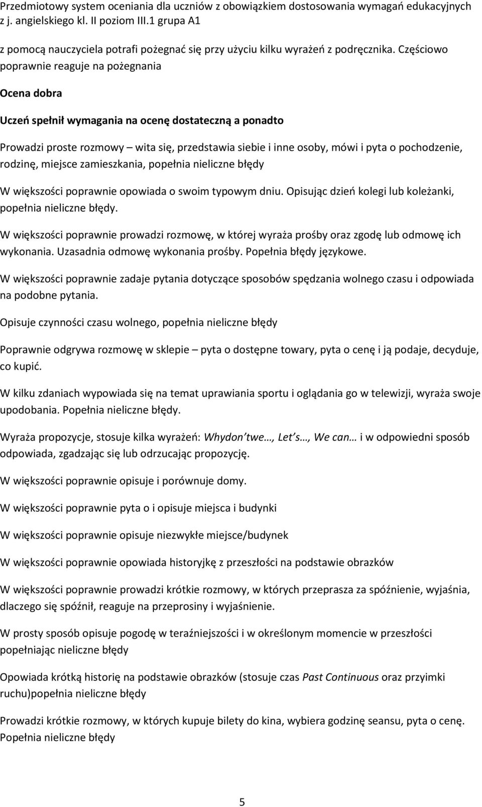 pochodzenie, rodzinę, miejsce zamieszkania, popełnia nieliczne błędy W większości poprawnie opowiada o swoim typowym dniu. Opisując dzień kolegi lub koleżanki, popełnia nieliczne błędy.