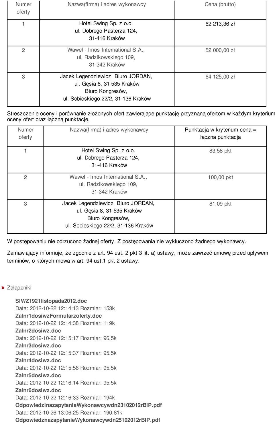 Z postępowania nie wykluczono żadnego wykonawcy. Zamawiający informuje, że zgodnie z art. 94 ust. 2 pkt 3 lit. a) ustawy, może zawrzeć umowę przed upływem terminów, o których mowa w art. 94 ust.1 pkt 2 ustawy.