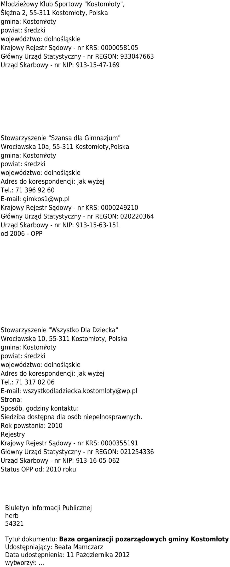 pl Krajowy Rejestr Sądowy - nr KRS: 0000249210 Główny Urząd Statystyczny - nr REGON: 020220364 Urząd Skarbowy - nr NIP: 913-15-63-151 od 2006 - OPP Stowarzyszenie "Wszystko Dla Dziecka" Wrocławska