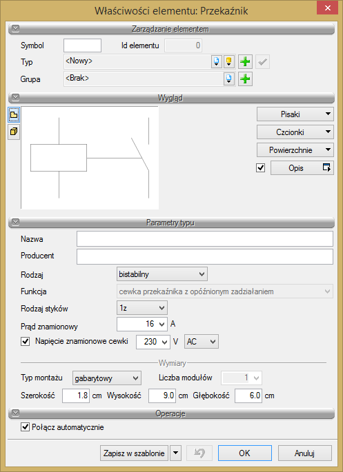Rys. 17. Okno właściwości przekaźnika. W pierwszej kolejności w polach edycyjnych nadajemy symbol przekaźnika i tworzymy bazę typów przekaźników.