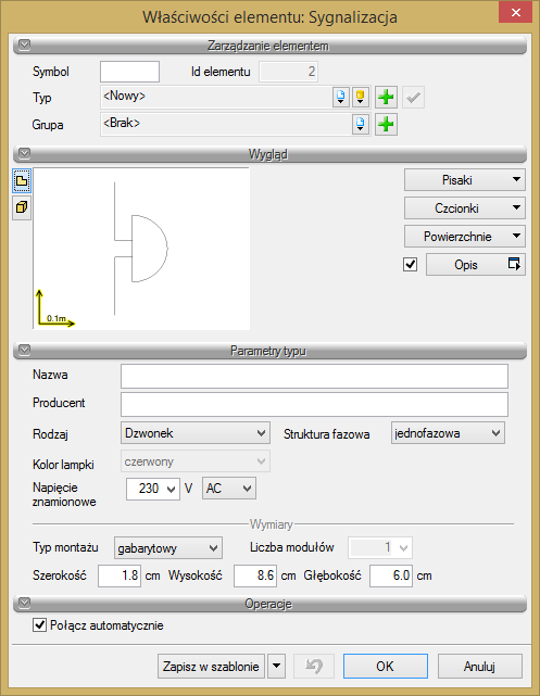 Rys. 22. Okno właściwości sygnalizacji W pierwszej kolejności w polach edycyjnych nadajemy symbol obiektowi i tworzymy bazę typów obiektów sygnalizacyjnych.