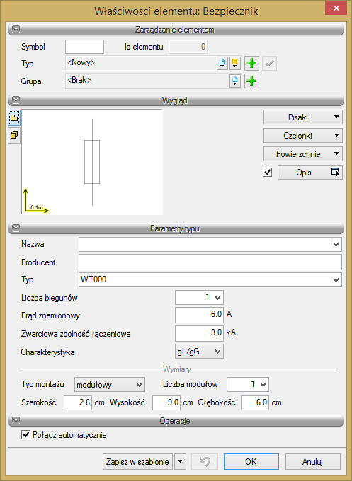 Rys. 30 Okno właściwości Bezpiecznika W pierwszej kolejności w polach edycyjnych nadajemy symbol bezpiecznika i tworzymy bazę typów.