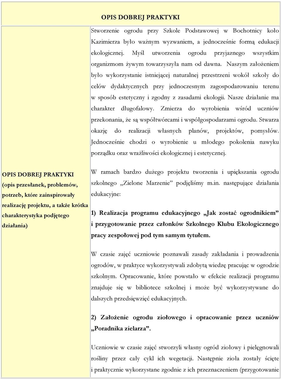 Naszym założeniem było wykorzystanie istniejącej naturalnej przestrzeni wokół szkoły do celów dydaktycznych przy jednoczesnym zagospodarowaniu terenu w sposób estetyczny i zgodny z zasadami ekologii.