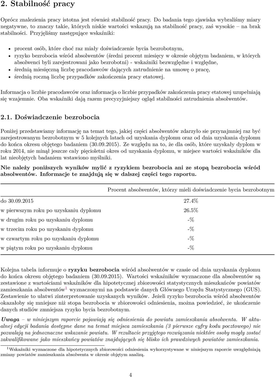 Przyjęliśmy następujące wskaźniki: procent osób, które choć raz miały doświadczenie bycia bezrobotnym, ryzyko bezrobocia wśród absolwentów (średni procent miesięcy w okresie objętym badaniem, w