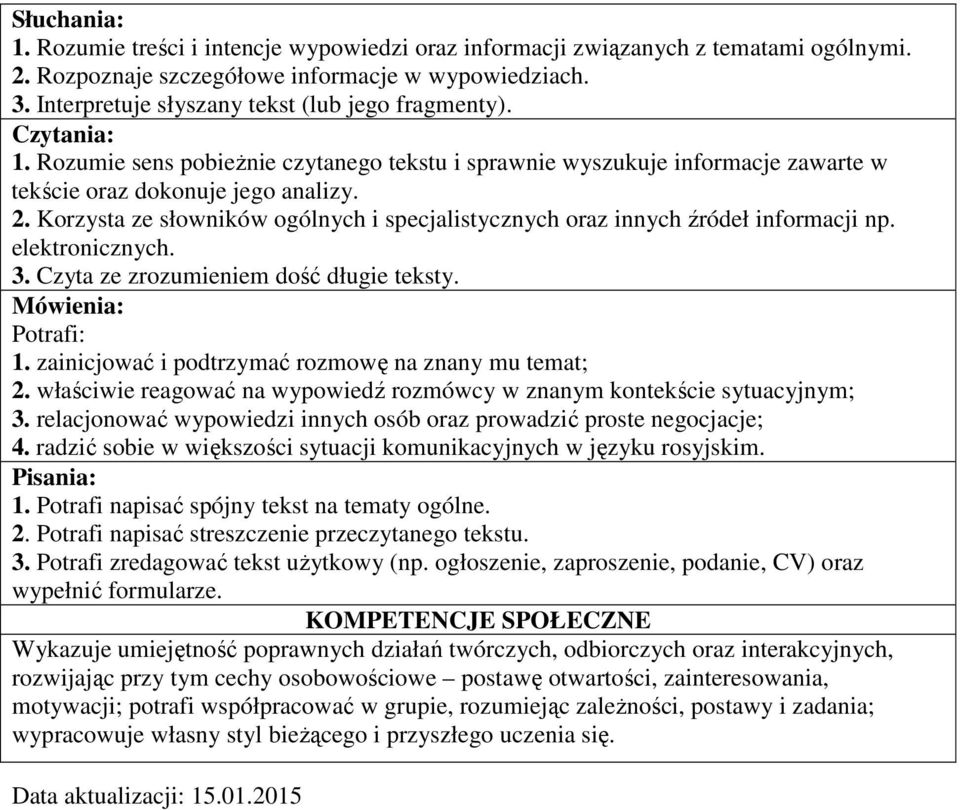 Korzysta ze słowników ogólnych i specjalistycznych oraz innych źródeł informacji np. elektronicznych. 3. Czyta ze zrozumieniem dość długie teksty. Mówienia: Potrafi: 1.