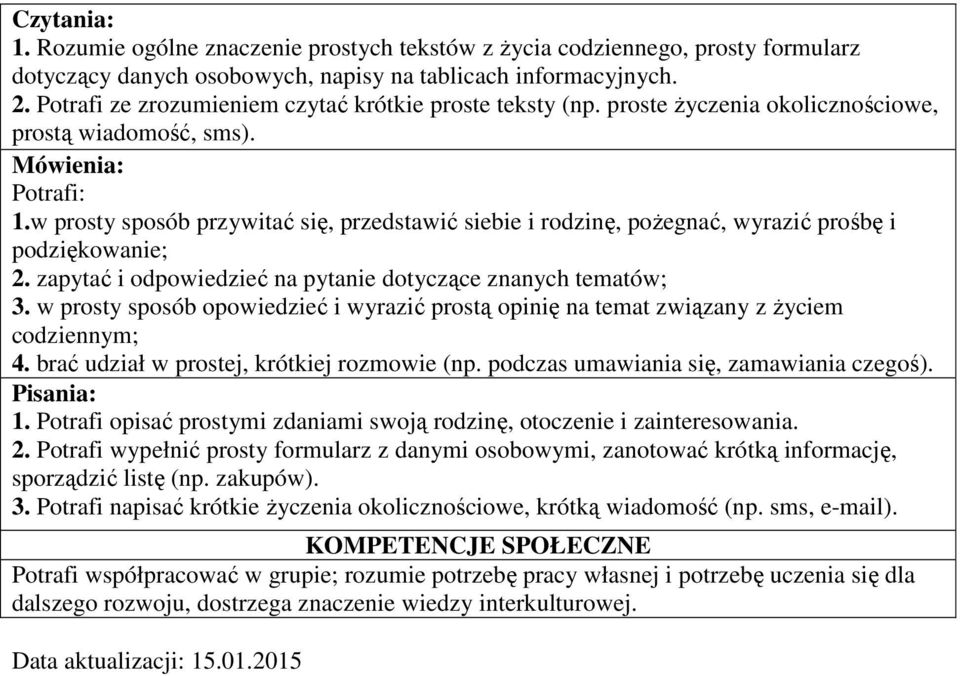 w prosty sposób przywitać się, przedstawić siebie i rodzinę, pożegnać, wyrazić prośbę i podziękowanie; 2. zapytać i odpowiedzieć na pytanie dotyczące znanych tematów; 3.