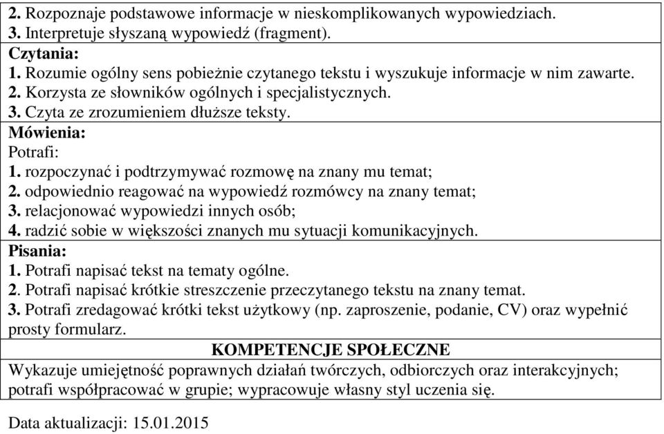 Mówienia: Potrafi: 1. rozpoczynać i podtrzymywać rozmowę na znany mu temat; 2. odpowiednio reagować na wypowiedź rozmówcy na znany temat; 3. relacjonować wypowiedzi innych osób; 4.