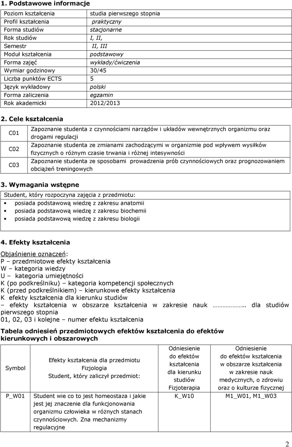 Cele kształcenia C02 C03 Zapoznanie studenta z czynnościami narządów i wewnętrznych oraz drogami regulacji Zapoznanie studenta ze zmianami zachodzącymi w organizmie pod wpływem wysiłków fizycznych o