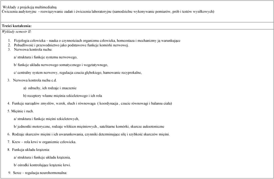 Nerwowa kontrola ruchu: a/ struktura i funkcje systemu nerwowego, b/ funkcje układu nerwowego somatycznego i wegetatywnego, c/ centralny system nerwowy, regulacja czucia głębokiego, hamowanie