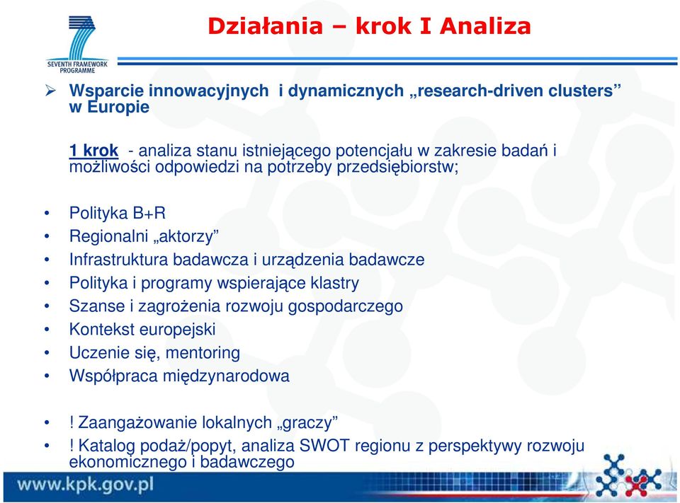 urządzenia badawcze Polityka i programy wspierające klastry Szanse i zagroŝenia rozwoju gospodarczego Kontekst europejski Uczenie się,