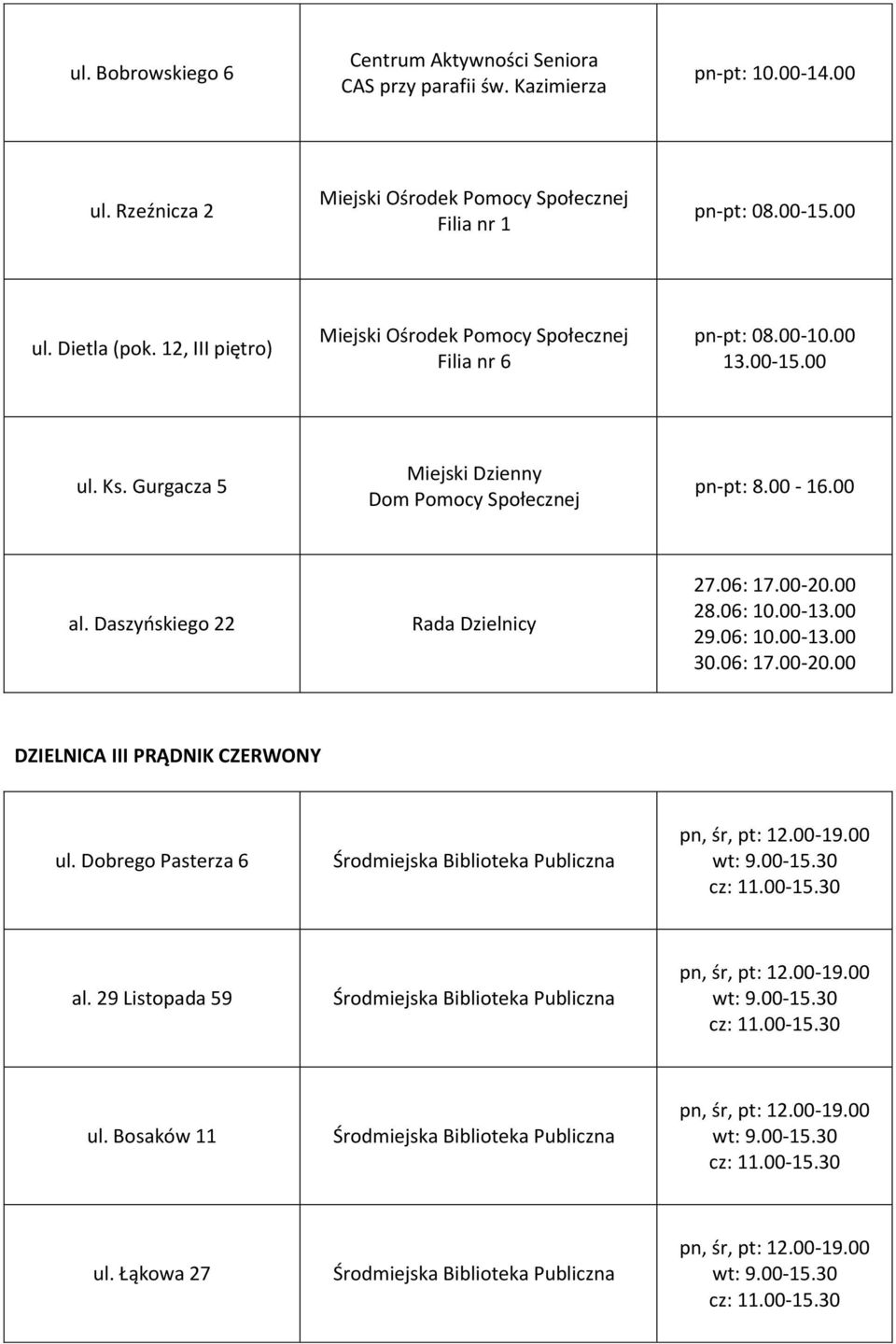 Gurgacza 5 Miejski Dzienny Dom Pomocy Społecznej pn-pt: 8.00-16.00 al. Daszyńskiego 22 DZIELNICA III PRĄDNIK CZERWONY ul.