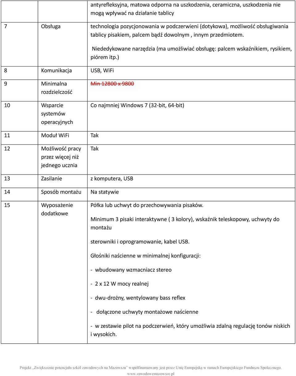 ) 9 Minimalna rozdzielczość 10 Wsparcie systemów operacyjnych Min 12800 x 9800 Co najmniej Windows 7 (32-bit, 64-bit) 11 Moduł WiFi Tak 12 Możliwość pracy przez więcej niż jednego ucznia Tak 13