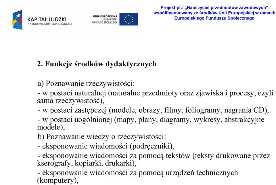 diagramy, wykresy, abstrakcyjne modele), b) Poznawanie wiedzy o rzeczywistości: - eksponowanie wiadomości (podręczniki), - eksponowanie