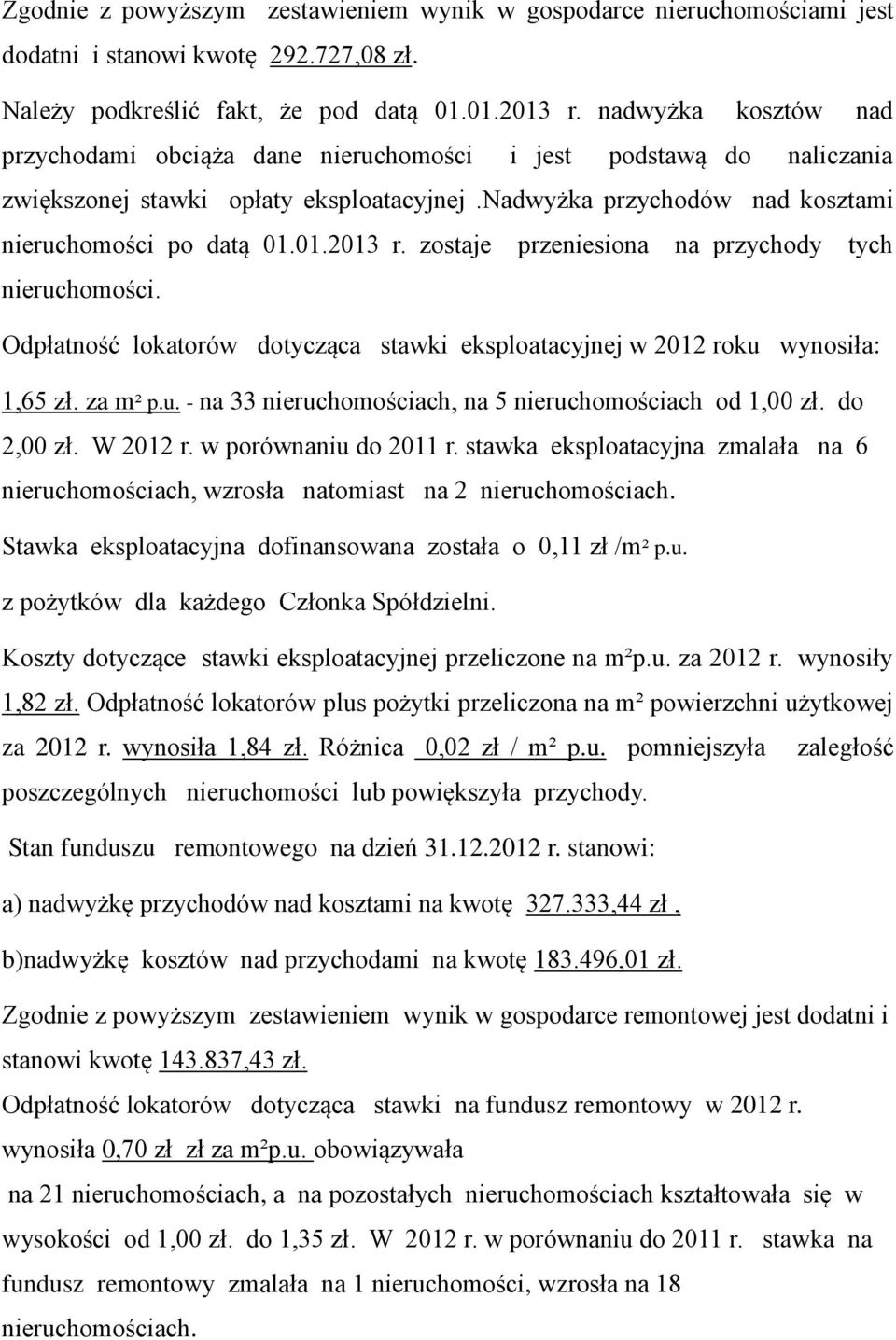 zostaje przeniesiona na przychody tych nieruchomości. Odpłatność lokatorów dotycząca stawki eksploatacyjnej w 2012 roku wynosiła: 1,65 zł. za m² p.u. - na 33 nieruchomościach, na 5 nieruchomościach od 1,00 zł.