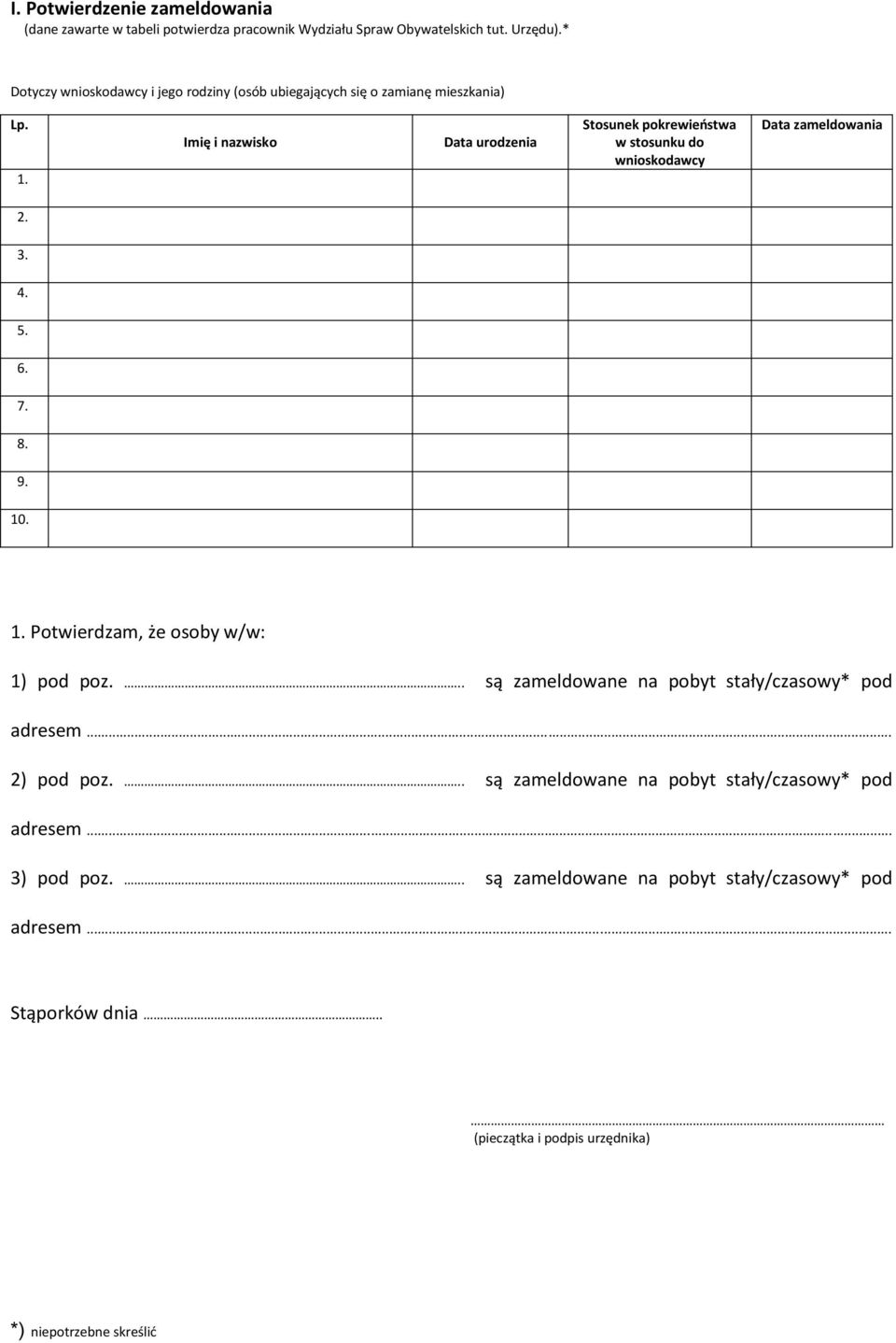 Imię i nazwisko Data urodzenia Stosunek pokrewieństwa w stosunku do wnioskodawcy Data zameldowania 2. 3. 4. 5. 6. 7. 8. 9. 10