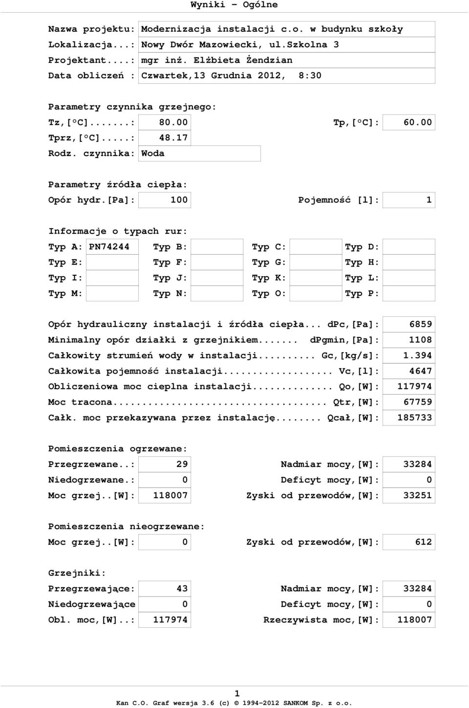 czynnika: Woda Parametry źródła ciepła: Opór hydr.