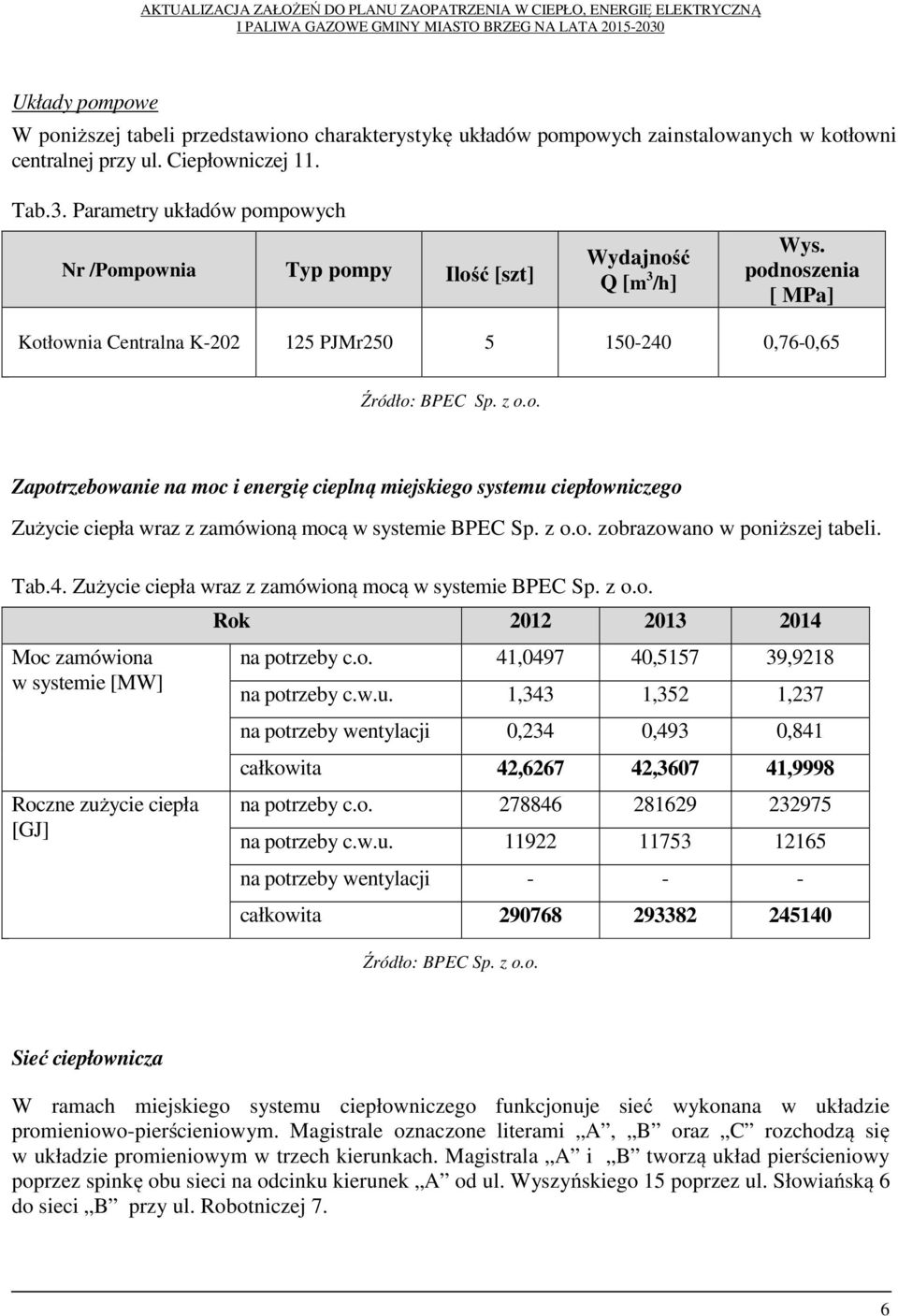 z o.o. zobrazowano w poniższej tabeli. Tab.4. Zużycie ciepła wraz z zamówioną mocą w systemie BPEC Sp. z o.o. Moc zamówiona w systemie [MW] Roczne zużycie ciepła [GJ] Rok 2012 2013 2014 na potrzeby c.