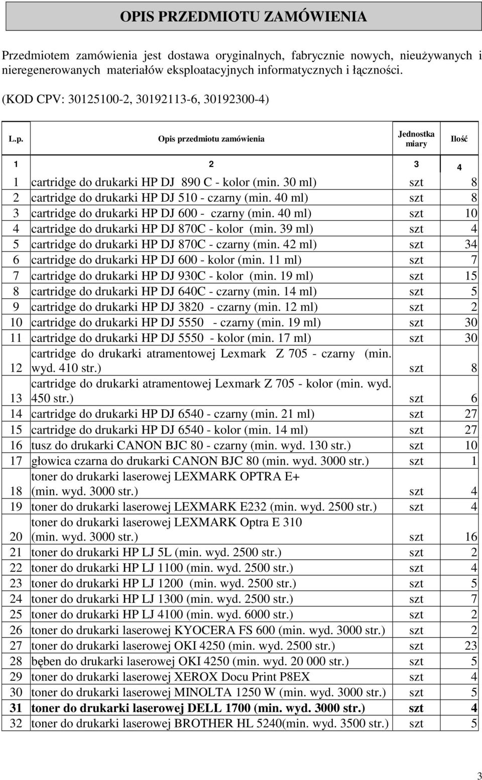 30 ml) szt 8 2 cartridge do drukarki HP DJ 510 - czarny (min. 40 ml) szt 8 3 cartridge do drukarki HP DJ 600 - czarny (min. 40 ml) szt 10 4 cartridge do drukarki HP DJ 870C - kolor (min.