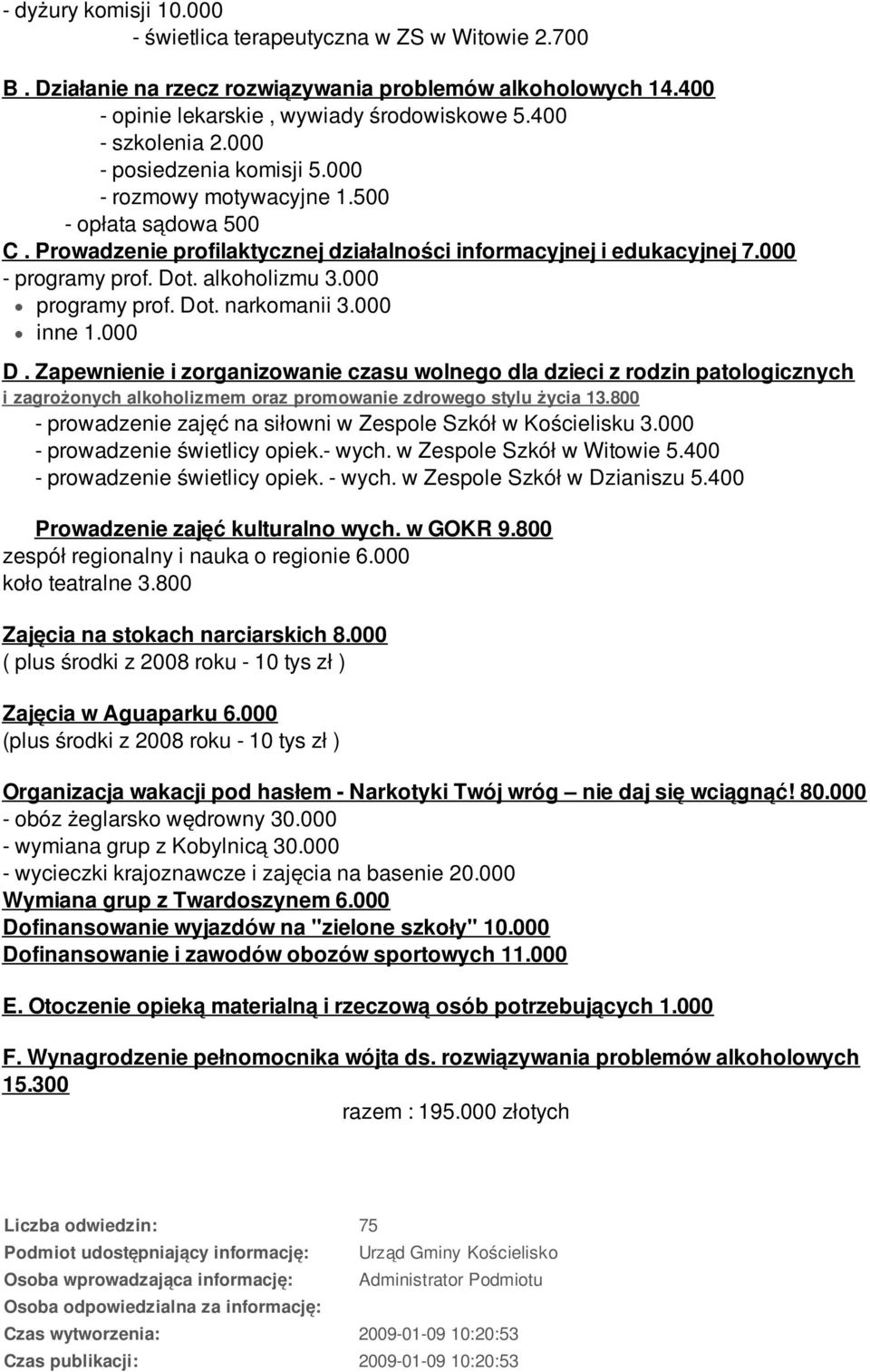 000 programy prof. Dot. narkomanii 3.000 inne 1.000 D. Zapewnienie i zorganizowanie czasu wolnego dla dzieci z rodzin patologicznych i zagrożonych alkoholizmem oraz promowanie zdrowego stylu życia 13.