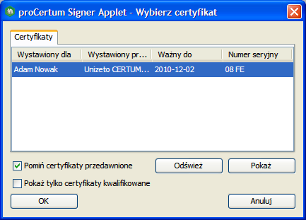 Aby podpisać wniosek należy postąpić zgodnie z komunikatem i włożyć kartę z certyfikatem do czytnika. Komunikat należy potwierdzić klikając przycisk OK. Pojawi się okno z dostępnymi certyfikatami.