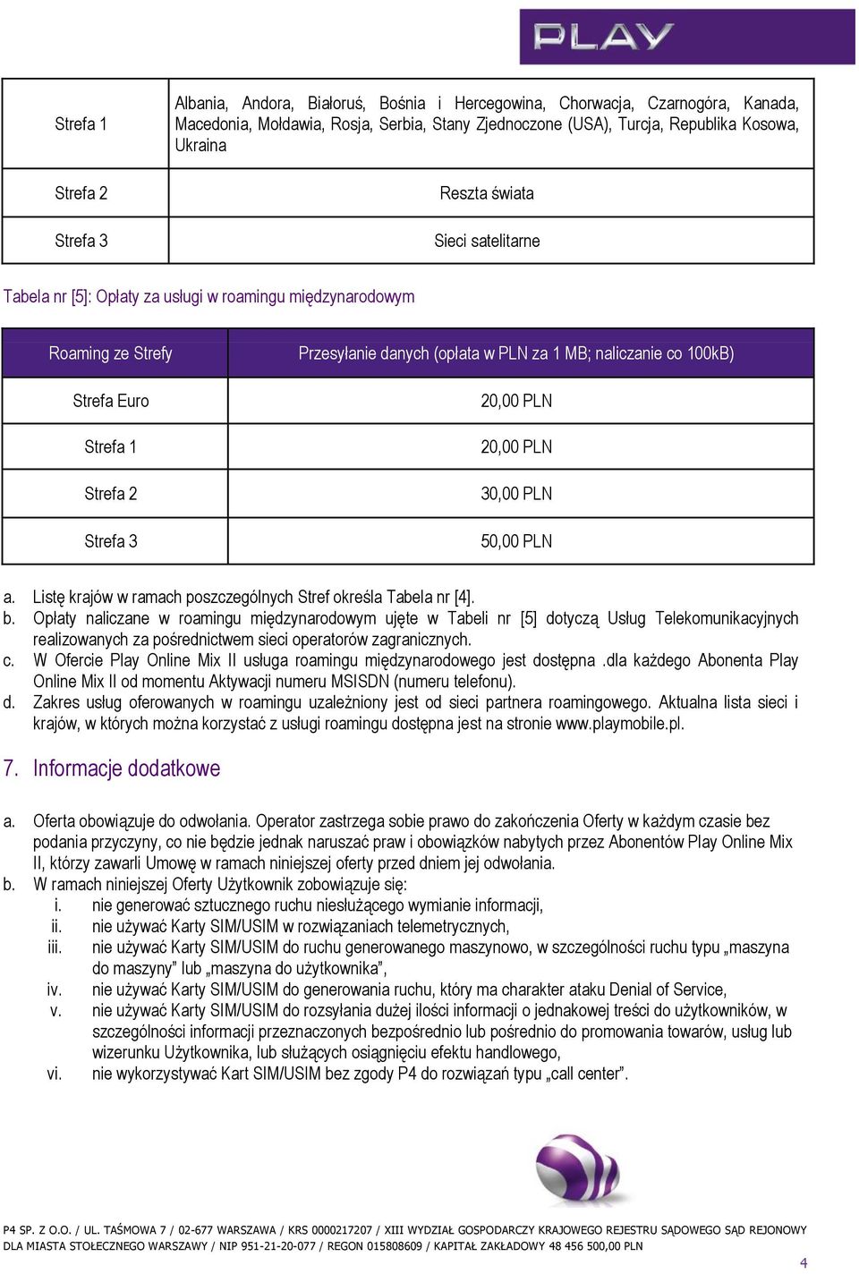 naliczanie co 100kB) 20,00 PLN 20,00 PLN 30,00 PLN 50,00 PLN a. Listę krajów w ramach poszczególnych Stref określa Tabela nr [4]. b.
