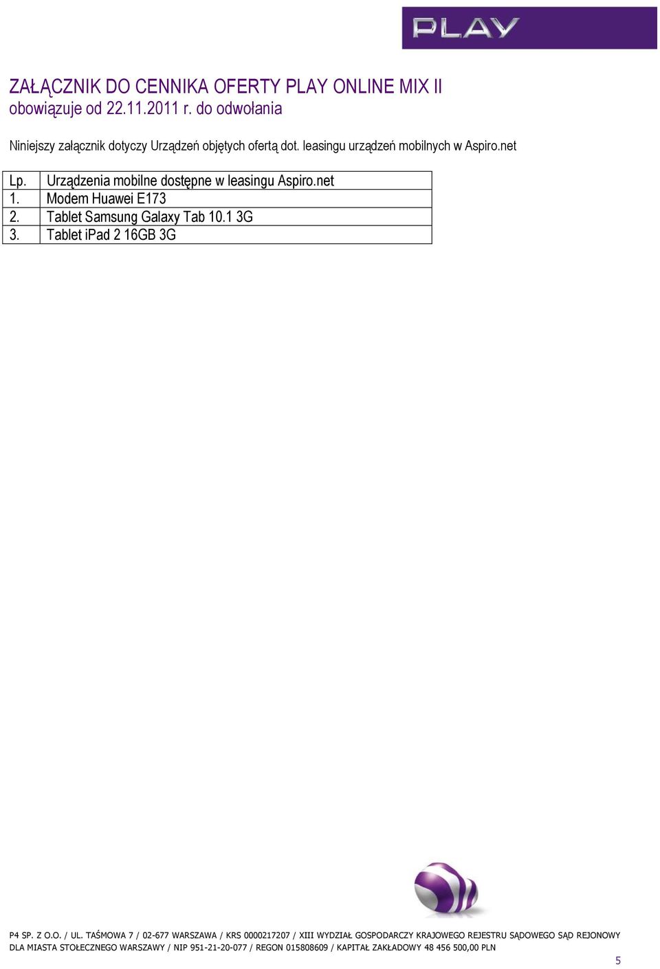 leasingu urządzeń mobilnych w Aspiro.net Lp.