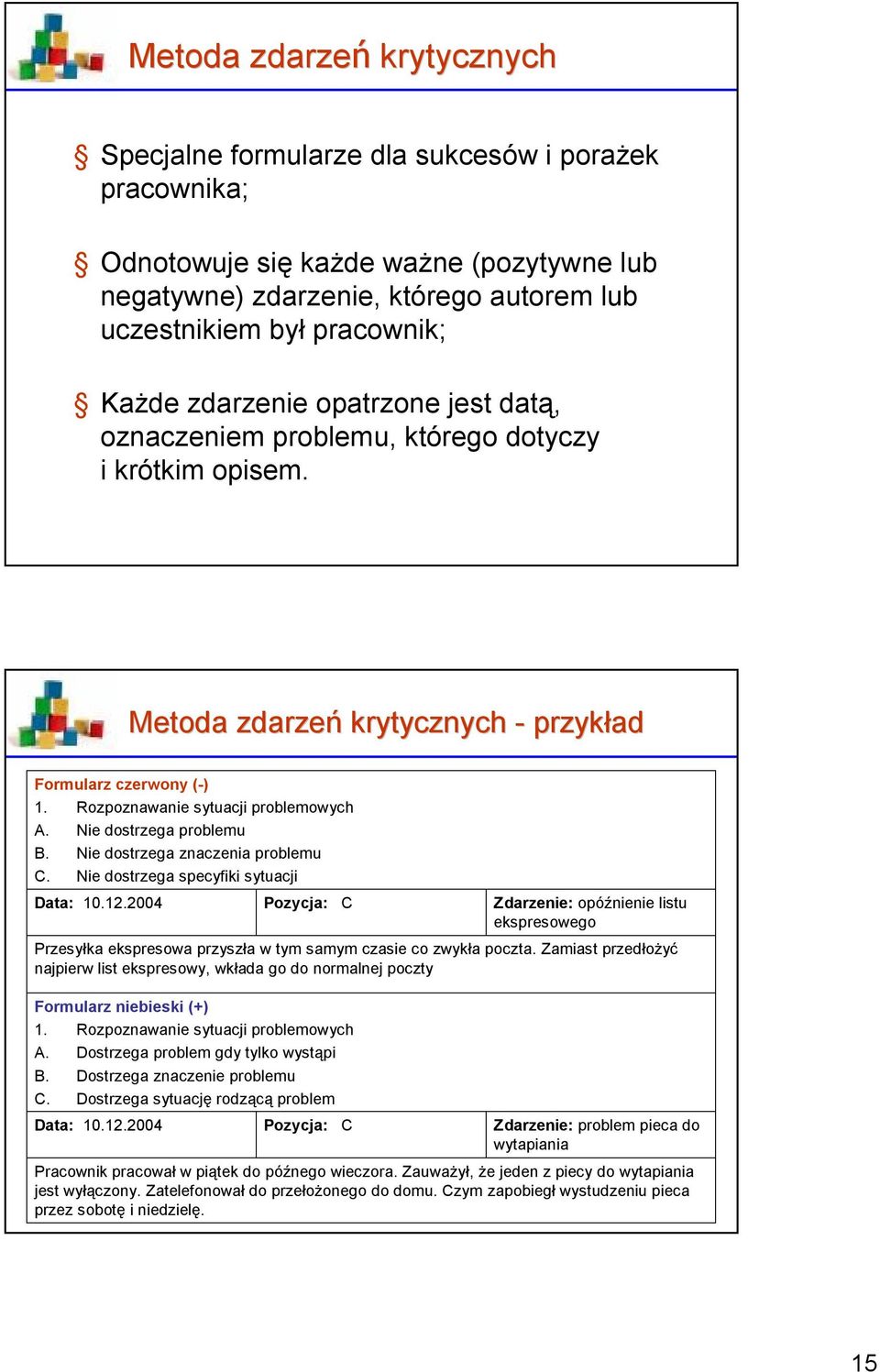 Nie dostrzega problemu B. Nie dostrzega znaczenia problemu C. Nie dostrzega specyfiki sytuacji Data: 10.12.2004 Data: 10.12.2004 Pozycja: Przesyłka ekspresowa przyszła w tym samym czasie co zwykła poczta.