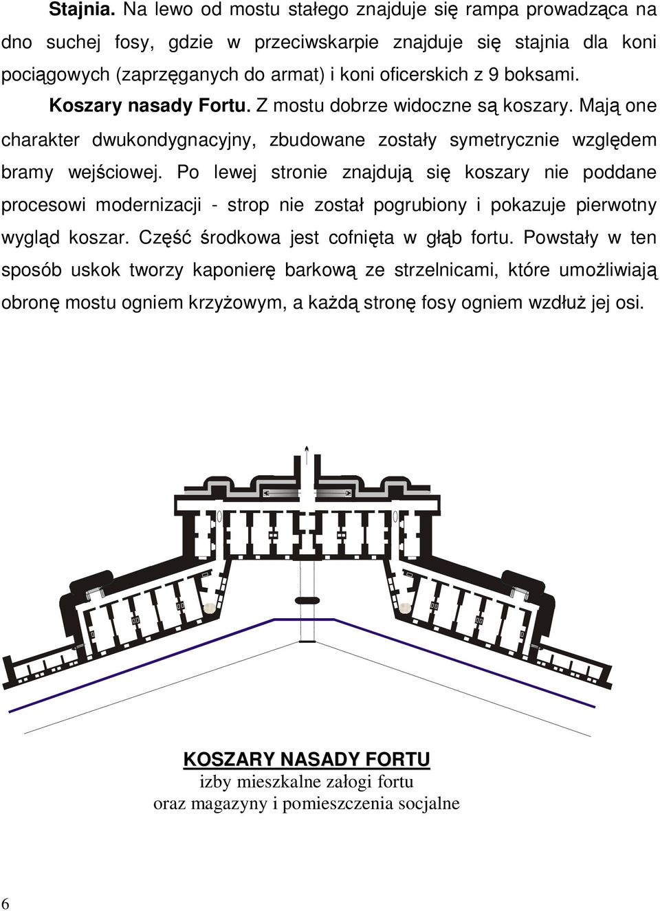 Koszary nasady Fortu. Z mostu dobrze widoczne są koszary. Mają one charakter dwukondygnacyjny, zbudowane zostały symetrycznie względem bramy wejściowej.