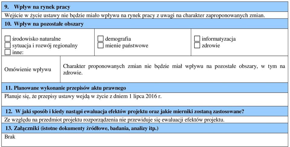 będzie miał wpływu na pozostałe obszary, w tym na zdrowie. 11. Planowane wykonanie przepisów aktu prawnego Planuje się, że przepisy ustawy wejdą w życie z dniem 1 lipca 2016 r. 12.