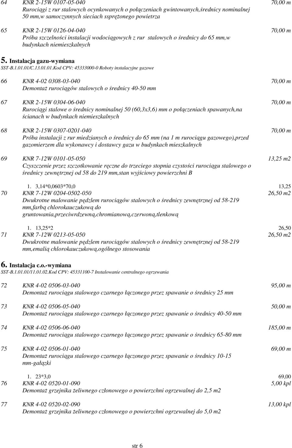 01/C.13.01.01.Kod CPV: 45333000-0 Roboty instalacyjne gazowe 66 KNR 4-02 0308-03-040 DemontaŜ rurociągów stalowych o średnicy 40-50 mm 67 KNR 2-15W 0304-06-040 Rurociągi stalowe o średnicy nominalnej