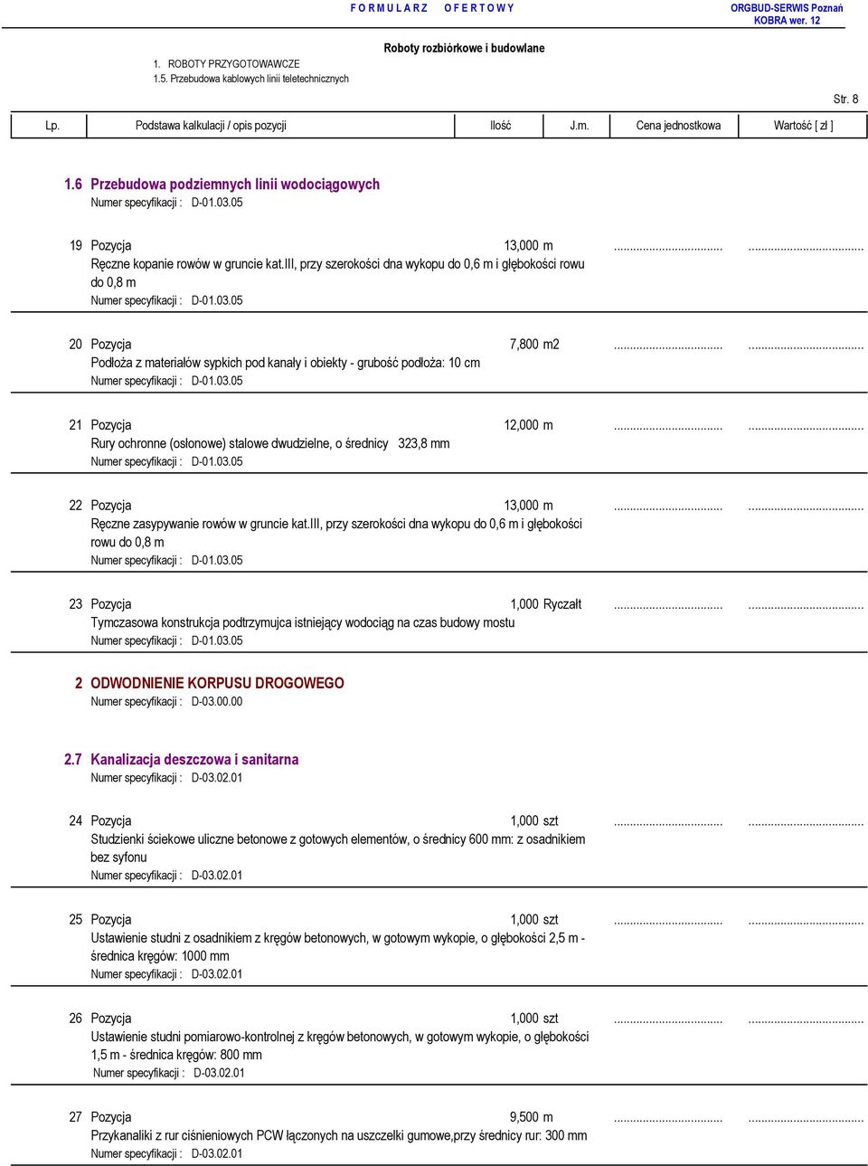 .. Podłoża z materiałów sypkich pod kanały i obiekty - grubość podłoża: 10 cm Numer specyfikacji : D-01.03.05 21 Pozycja 12,000 m.