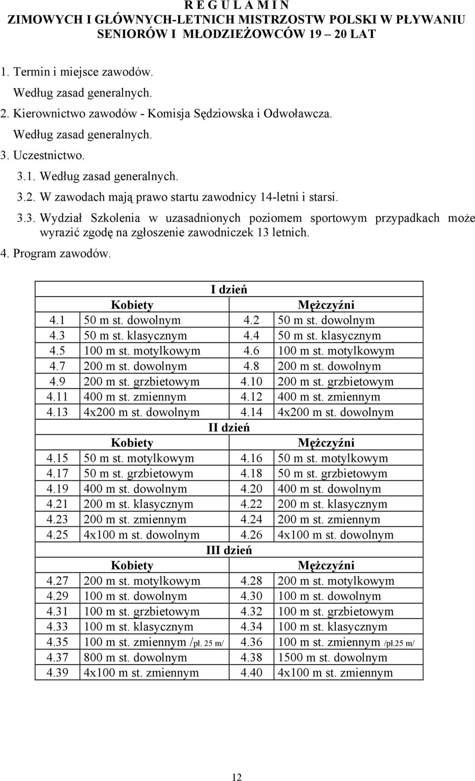 4. Program zawodów. I dzień Kobiety Mężczyźni 4.1 50 m st. dowolnym 4.2 50 m st. dowolnym 4.3 50 m st. klasycznym 4.4 50 m st. klasycznym 4.5 100 m st. motylkowym 4.6 100 m st. motylkowym 4.7 200 m st.