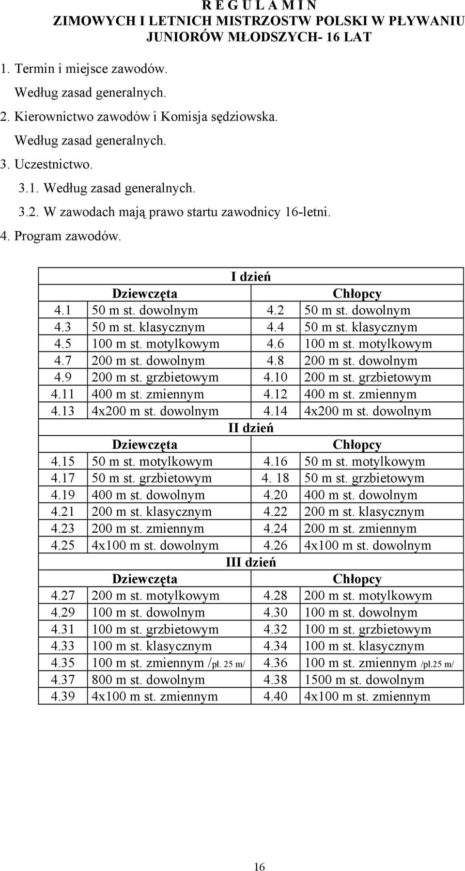 dowolnym 4.9 200 m st. grzbietowym 4.10 200 m st. grzbietowym 4.11 400 m st. zmiennym 4.12 400 m st. zmiennym 4.13 4x200 m st. dowolnym 4.14 4x200 m st. dowolnym II dzień 4.15 50 m st. motylkowym 4.