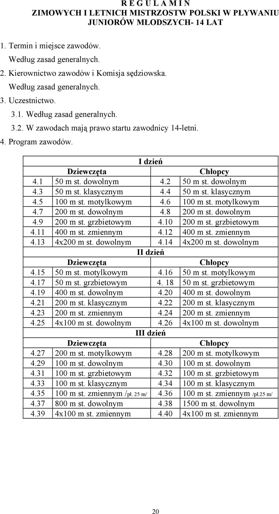 dowolnym 4.9 200 m st. grzbietowym 4.10 200 m st. grzbietowym 4.11 400 m st. zmiennym 4.12 400 m st. zmiennym 4.13 4x200 m st. dowolnym 4.14 4x200 m st. dowolnym II dzień 4.15 50 m st. motylkowym 4.