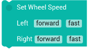 Blok Set Wheel Speed daje pełną kontrolę nad każdym z kół z osobna. Ustawienie jednocześnie forward i backward na tym samym poziomie prędkości spowoduje kręcenie się robota w kółko.