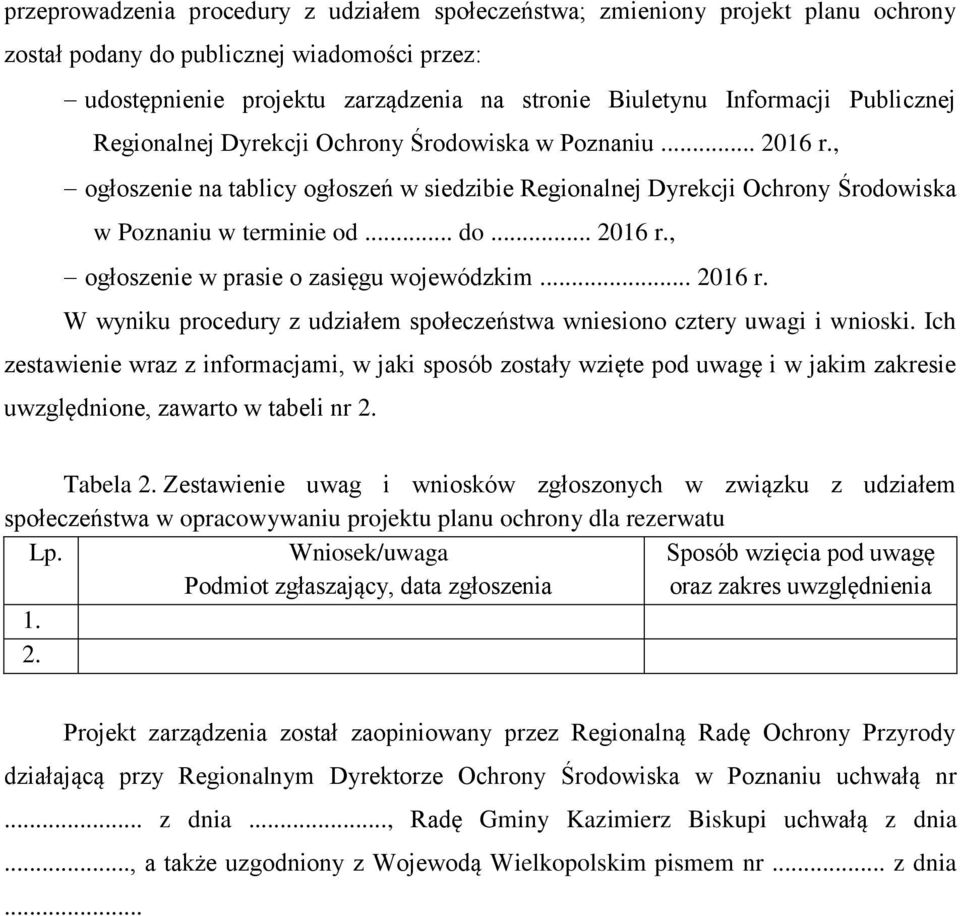 .. 2016 r. W wyniku procedury z udziałem społeczeństwa wniesiono cztery uwagi i wnioski.