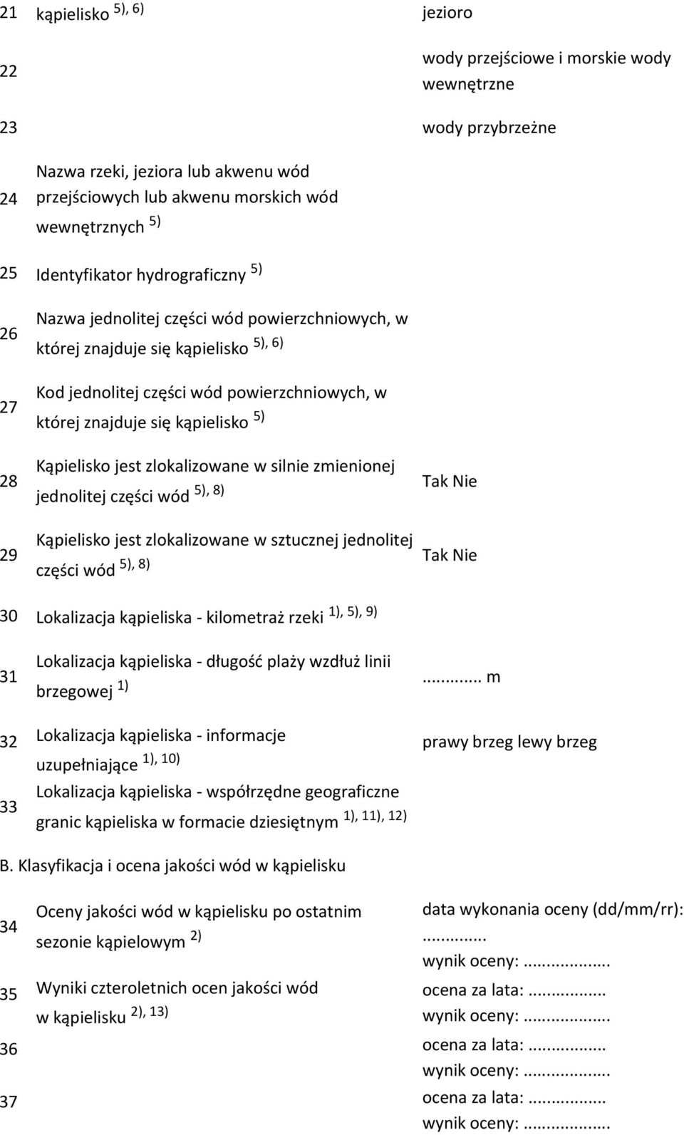 kąpielisko 5) Kąpielisko jest zlokalizowane w silnie zmienionej jednolitej części wód 5), 8) Tak Kąpielisko jest zlokalizowane w sztucznej jednolitej Tak 5), 8) części wód Nie Nie 30 Lokalizacja