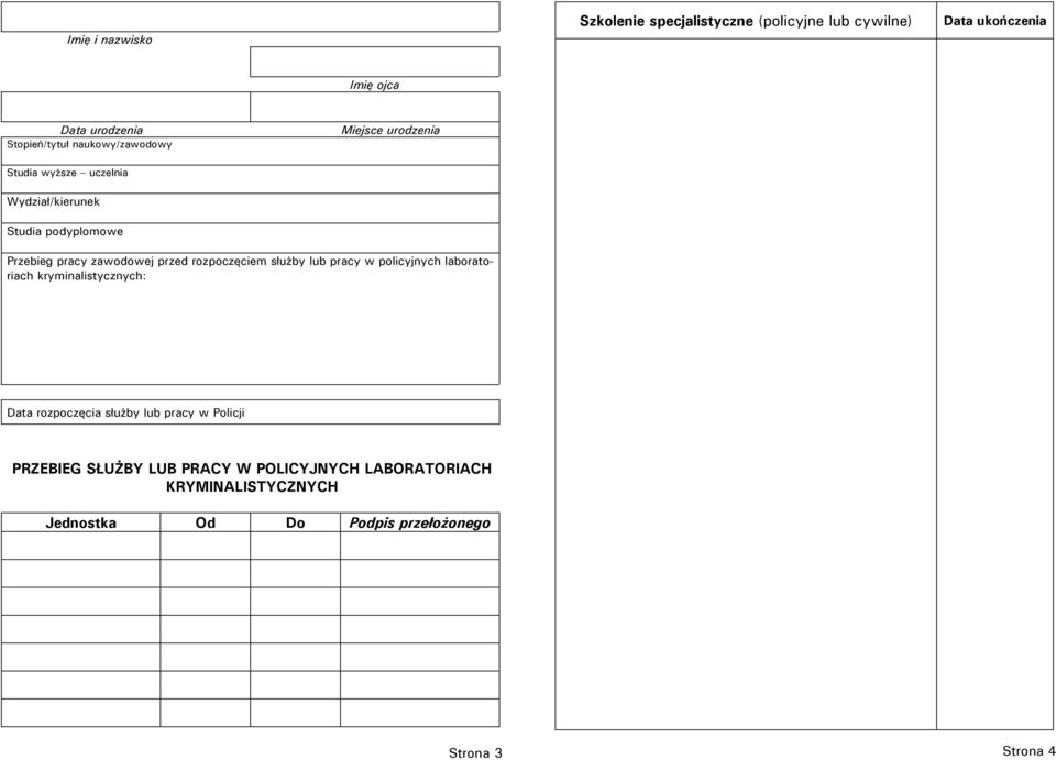 zawodowej przed rozpoczęciem służby lub pracy w policyjnych laboratoriach kryminalistycznych: Data rozpoczęcia służby lub