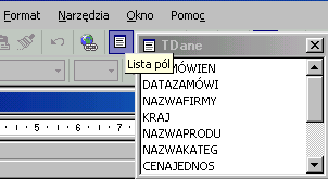 Z listy pól przeciągnij do sekcji Szczegóły pola: IDZAMÓWIEN, CENAJEDNOS, ILOŚĆ, RABAT. Etykiety pól (lewe części) wytnij i wklej do sekcji Nagłówek strony.