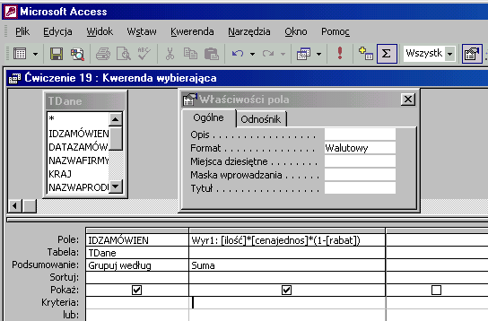 Jak to zrobić? TDane - ćwiczenie 19. Sposób pierwszy - kwerenda. Utwórz kwerendę w widoku projektu dla tabeli TDane. Wprowadź do siatki projektu pole IDZAMÓWIEN.