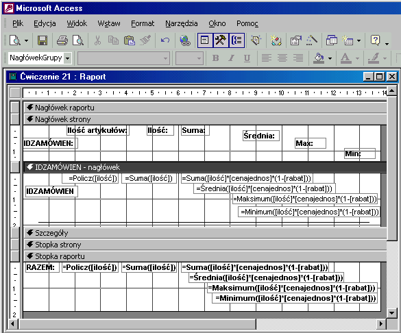 Uwaga: w starszych wersjach Accessa funkcja licząca ilość wystąpień ma nazwę Zlicz. Formuła ma wówczas postać: =Zlicz([ilość]).