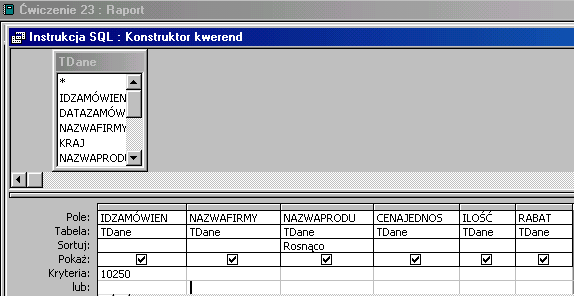 idzamówien >=10300 and idzamówien<=10303. "Piętro niżej" w wierszu Filtr włączony - wybrać z listy rozwijanej Tak. Jak to zrobić? TDane - ćwiczenie 23.