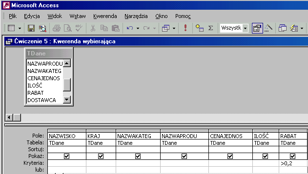 Zobaczysz listę 154 transakcje z rabatem większym niż 0,2. Jak to zrobić? TDane - ćwiczenie 6. W oknie Baza danych utwórz kwerendę w widoku projektu dla tabeli TDane.