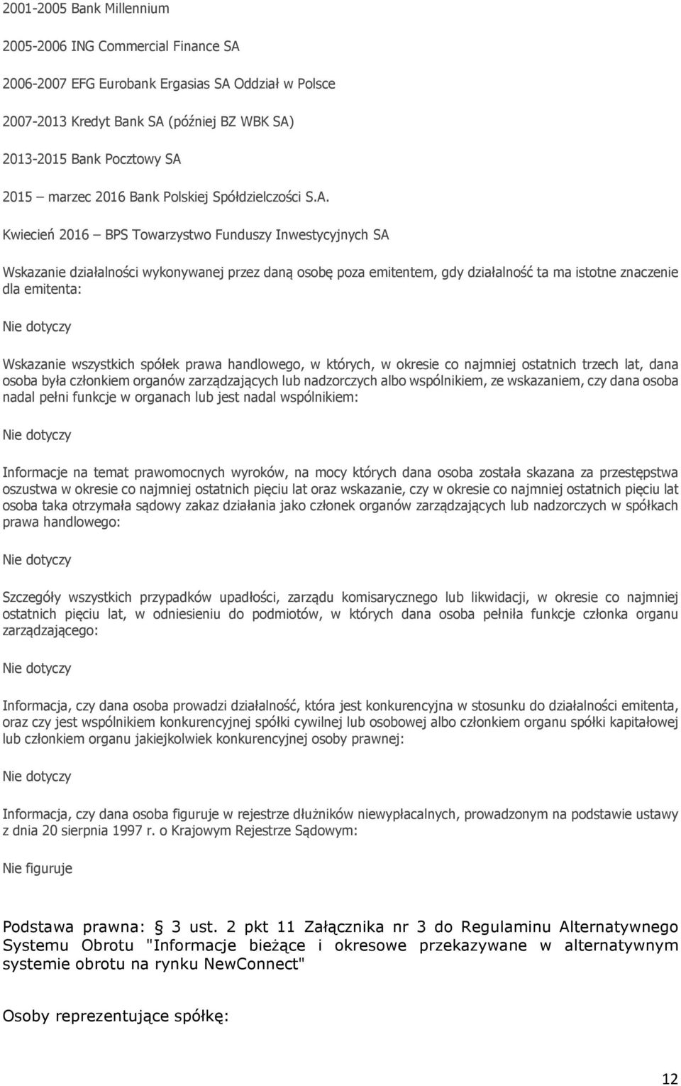 Kwiecień 2016 BPS Towarzystwo Funduszy Inwestycyjnych SA Wskazanie działalności wykonywanej przez daną osobę poza emitentem, gdy działalność ta ma istotne znaczenie Szczegóły wszystkich przypadków