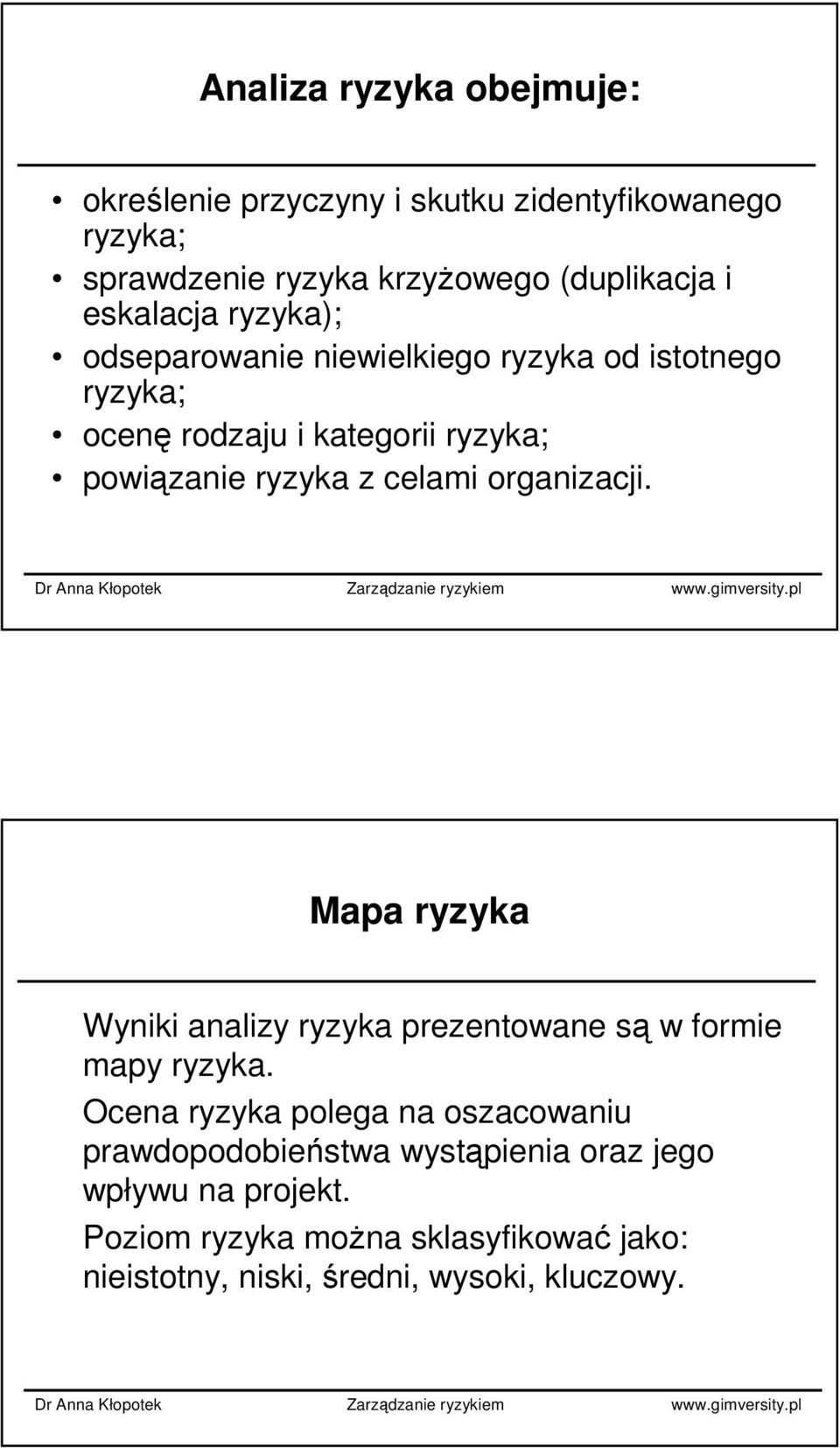 celami organizacji. Mapa ryzyka Wyniki analizy ryzyka prezentowane są w formie mapy ryzyka.