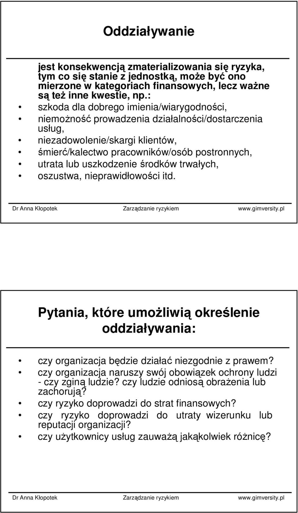 uszkodzenie środków trwałych, oszustwa, nieprawidłowości itd. Pytania, które umoŝliwią określenie oddziaływania: czy organizacja będzie działać niezgodnie z prawem?