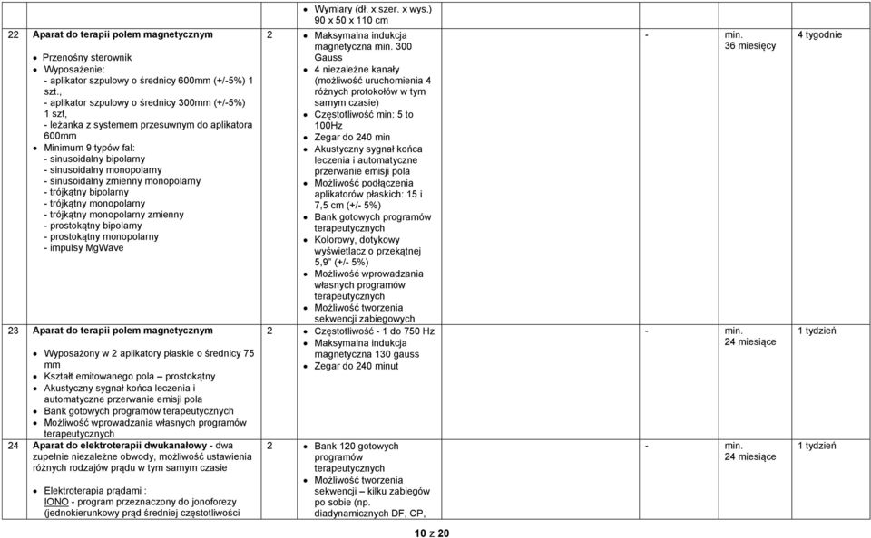 zmienny monopolarny - trójkątny bipolarny - trójkątny monopolarny - trójkątny monopolarny zmienny - prostokątny bipolarny - prostokątny monopolarny - impulsy MgWave 23 Aparat do terapii polem