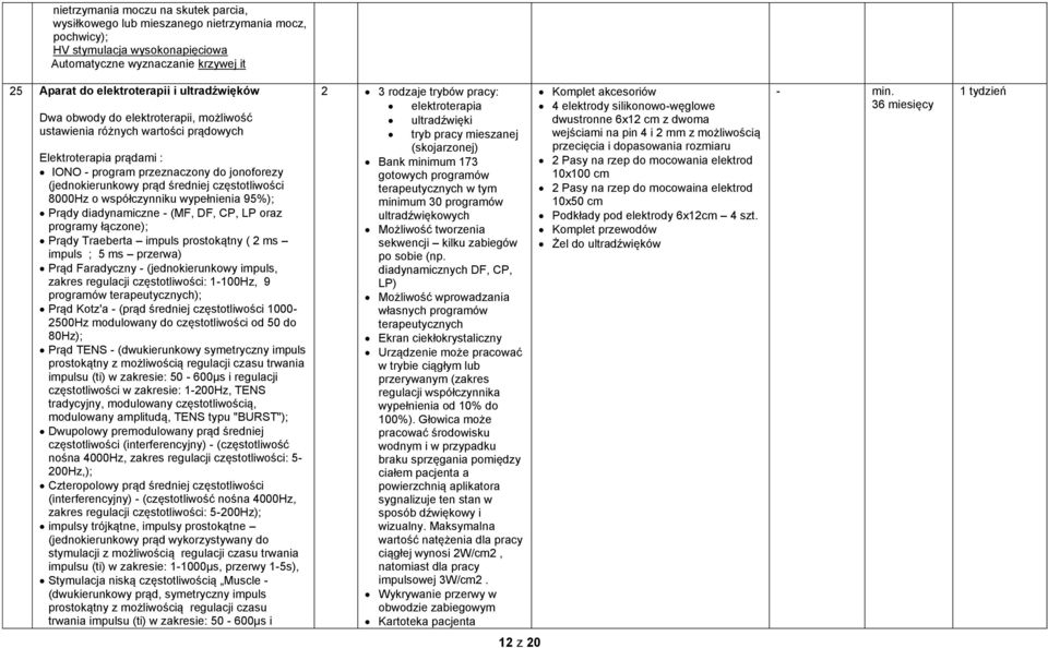 częstotliwości 8000Hz o współczynniku wypełnienia 95%); Prądy diadynamiczne - (MF, DF, CP, LP oraz programy łączone); Prądy Traeberta impuls prostokątny ( 2 ms impuls ; 5 ms przerwa) Prąd Faradyczny