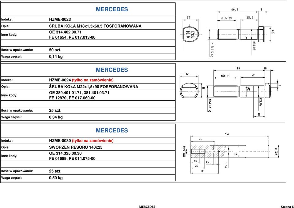 0,14 kg MERCEDES HZME-0024 (tylko na zamówienie) ŚRUBA KOŁA M22x1,5x90 FOSFORANOWANA OE 389.401.